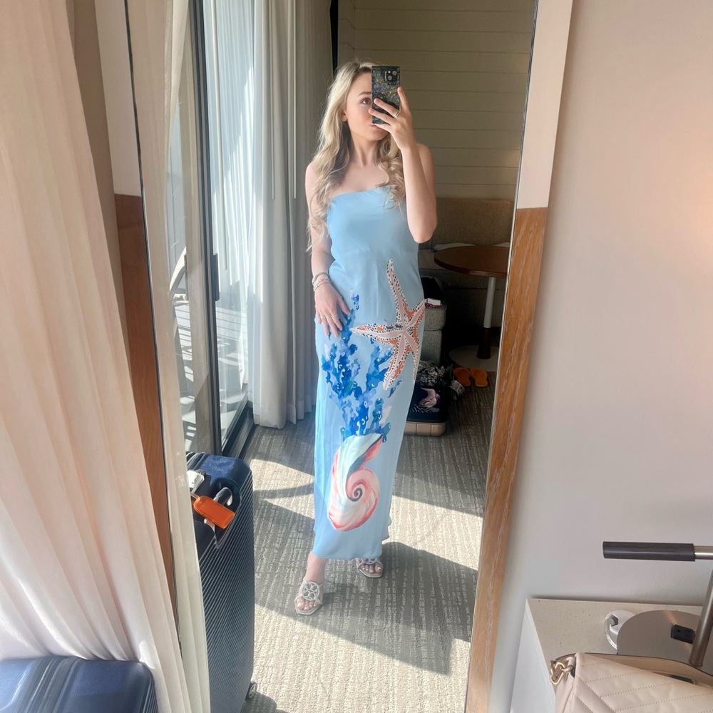 Anthropologie Strapless Dress in Blue with Starfish Design